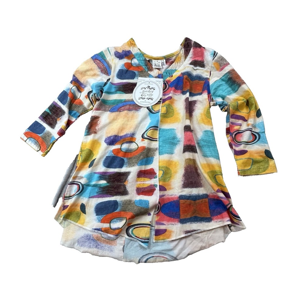 Parsley & Sage Women's Tunic Top Medium Abstract Print Layered Hem Boho Colorful